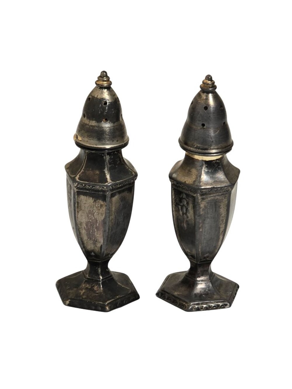 Vintage Silver-Plated Salt & Pepper Shaker Set With Hexagonal Base Made In USA